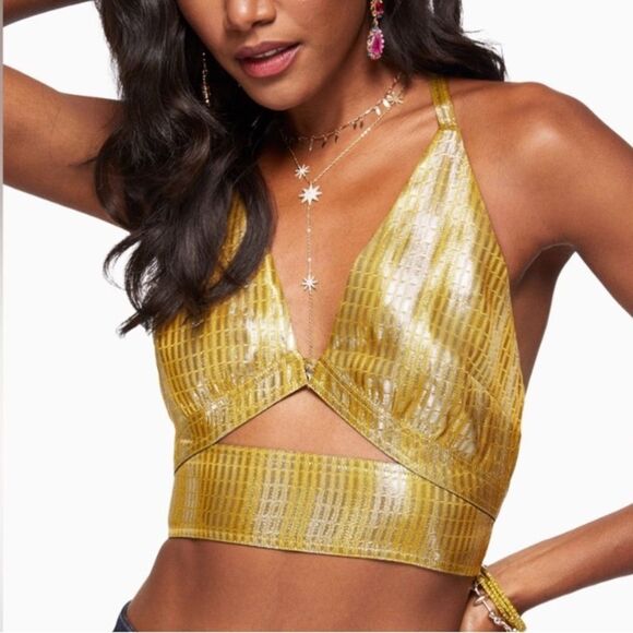 RAMY BROOK Crop Top Halter Adriana Silk Metallic Gold Silver Size 10 - Picture 10 of 10
